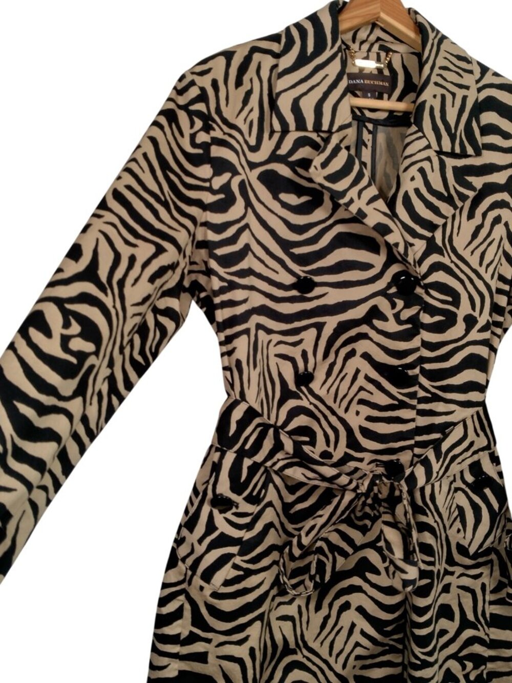 Dana Buchman Jacket Small Long Animal Print Brown Black Zebra Cotton Belt Blazer - Picture 3 of 16